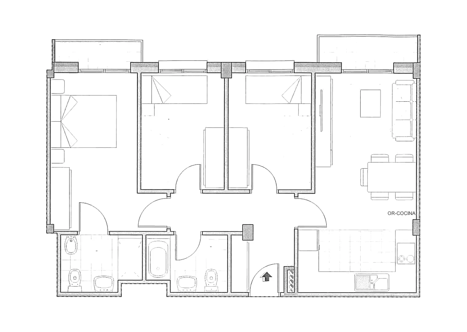 Plano acotado de la vivienda 4º B del Edificio Horizonte