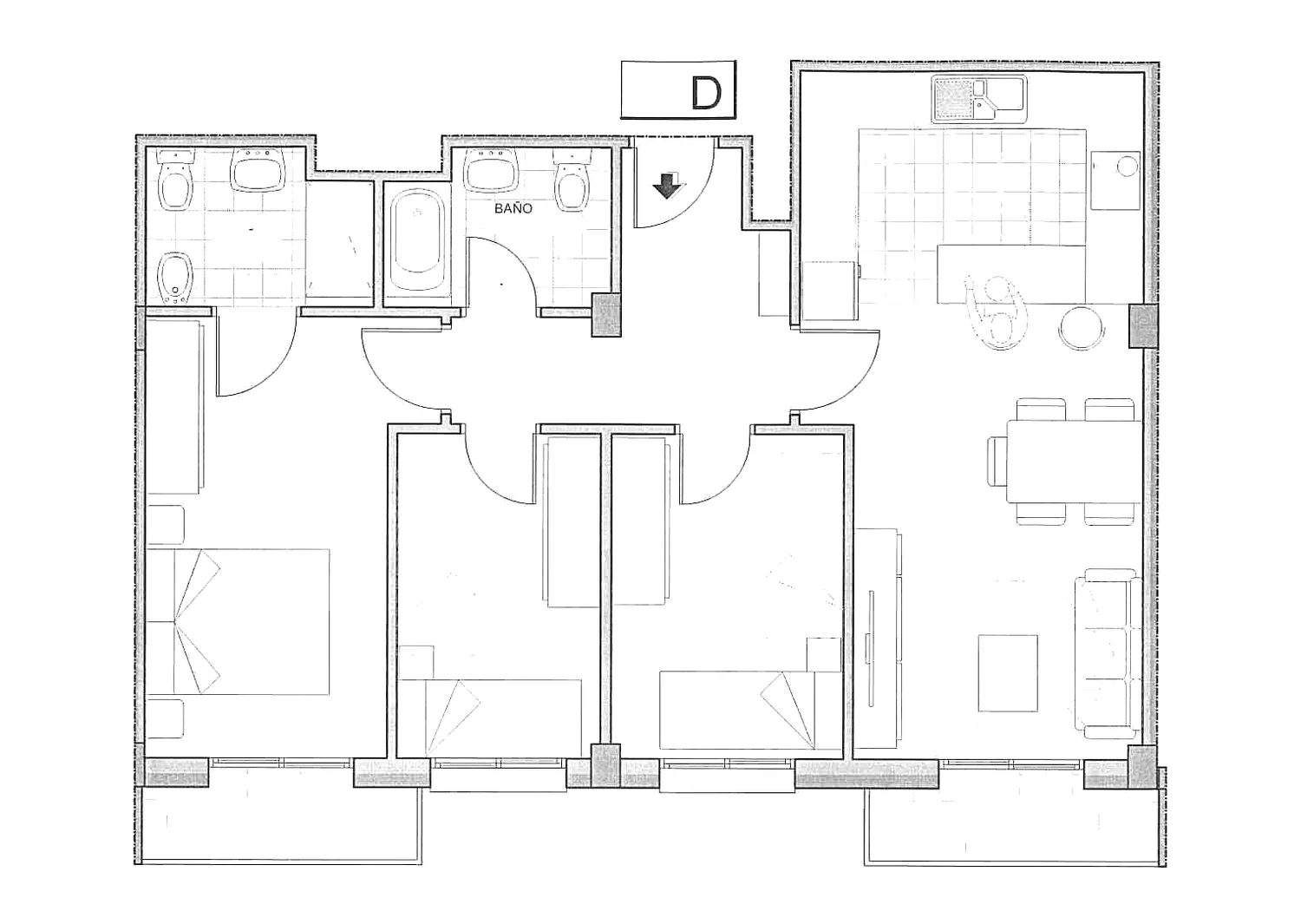 Plano acotado de la vivienda 4º D del Edificio Horizonte