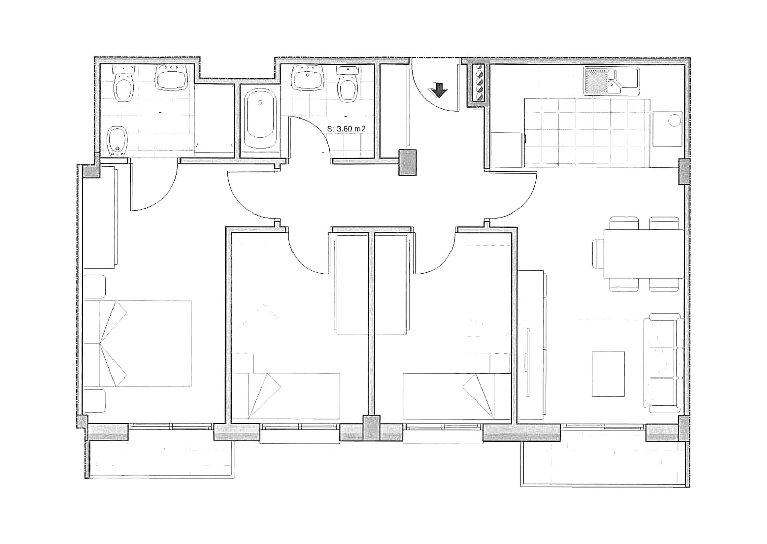 Plano acotado de la vivienda 4º E del Edificio Horizonte