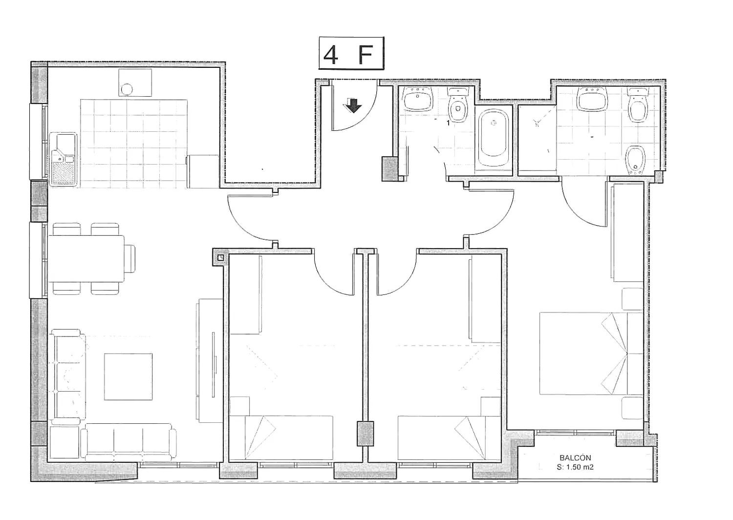 Plano acotado de la vivienda 4º F del Edificio Horizonte