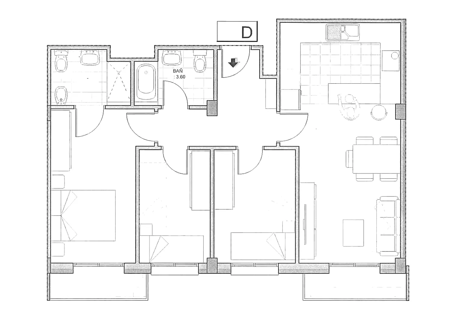 Plano acotado de la vivienda 1º D del Edificio Horizonte