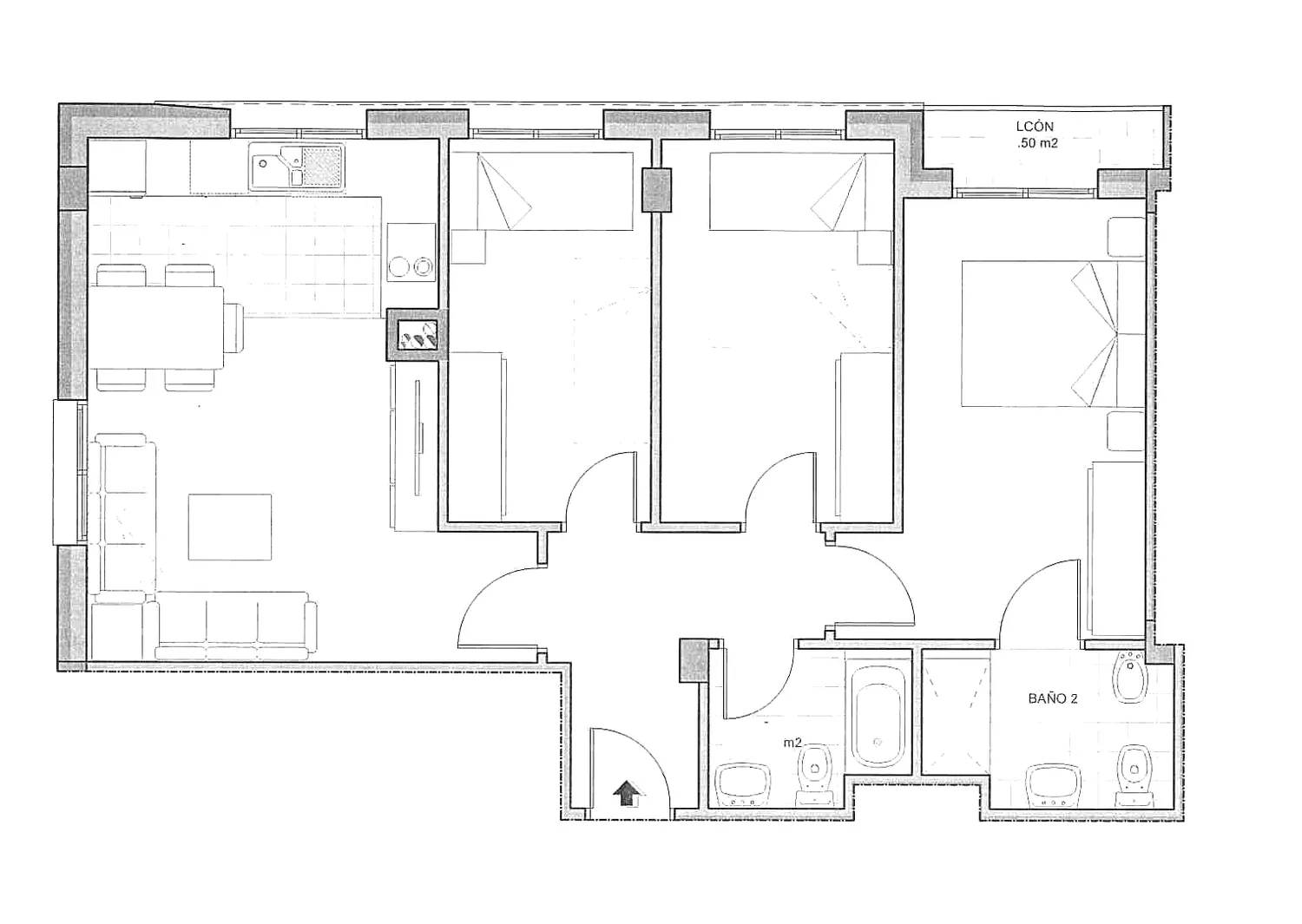 Plano acotado de la vivienda 2º A del Edificio Horizonte