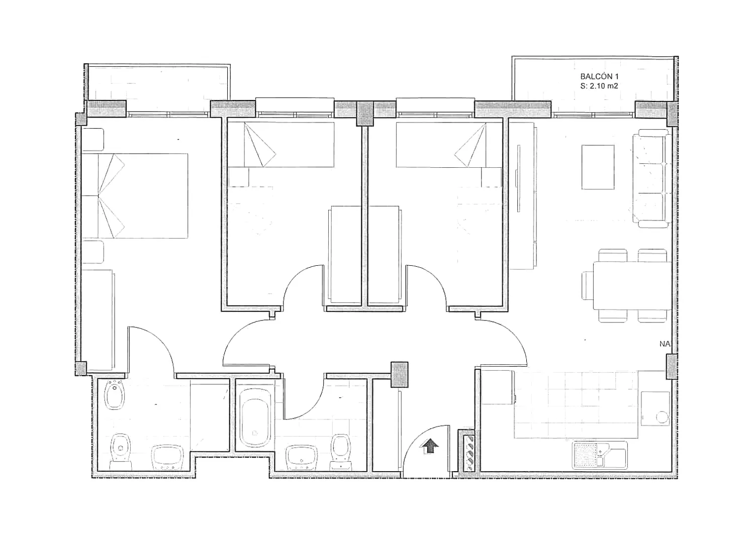 Plano acotado de la vivienda 2º B del Edificio Horizonte