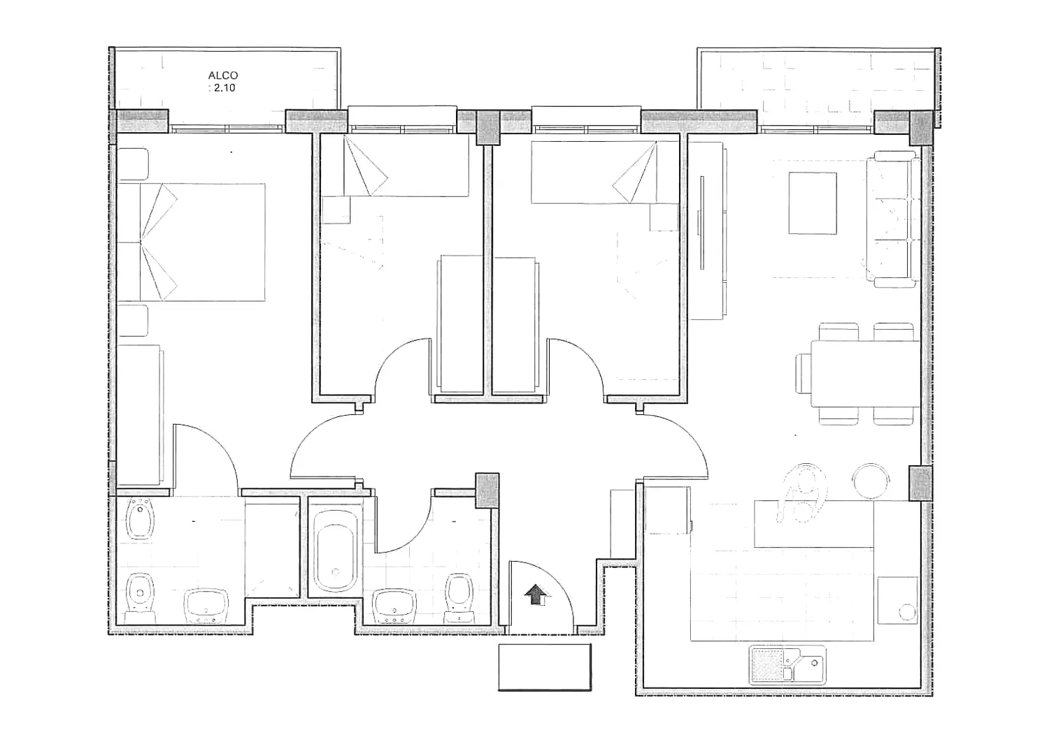 Plano acotado de la vivienda 2º C del Edificio Horizonte
