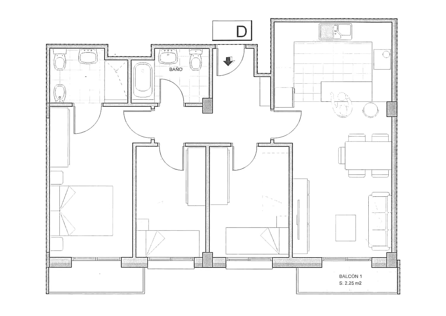 Plano acotado de la vivienda 2º D del Edificio Horizonte