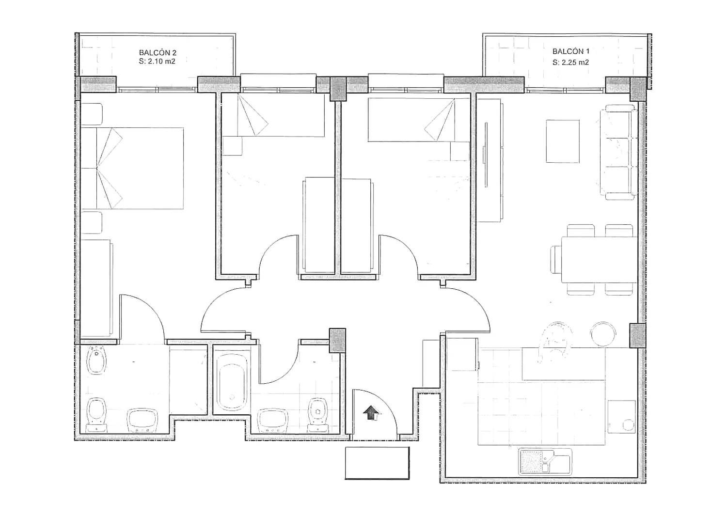 Plano acotado de la vivienda 3º C del Edificio Horizonte