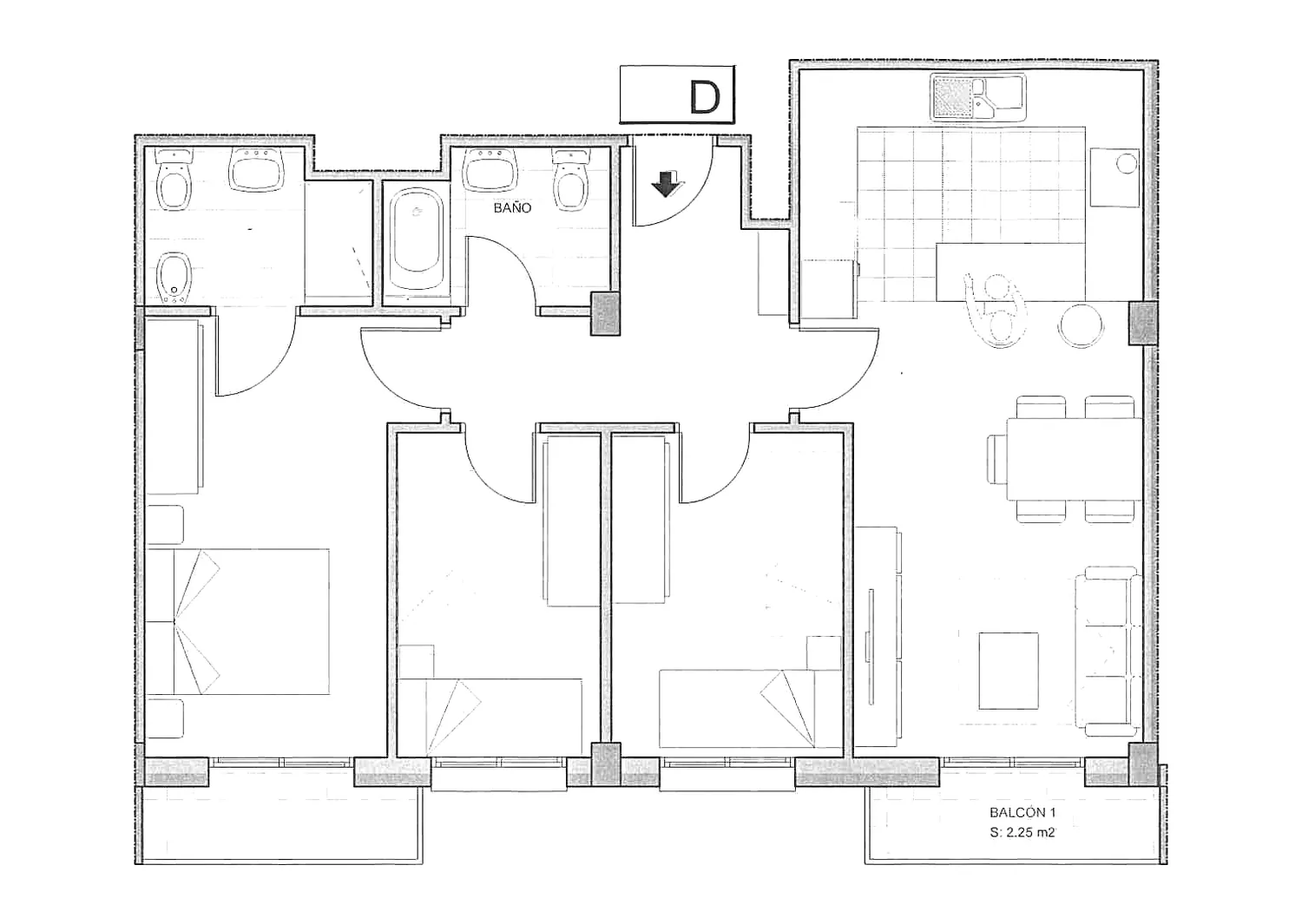 Plano acotado de la vivienda 3º D del Edificio Horizonte