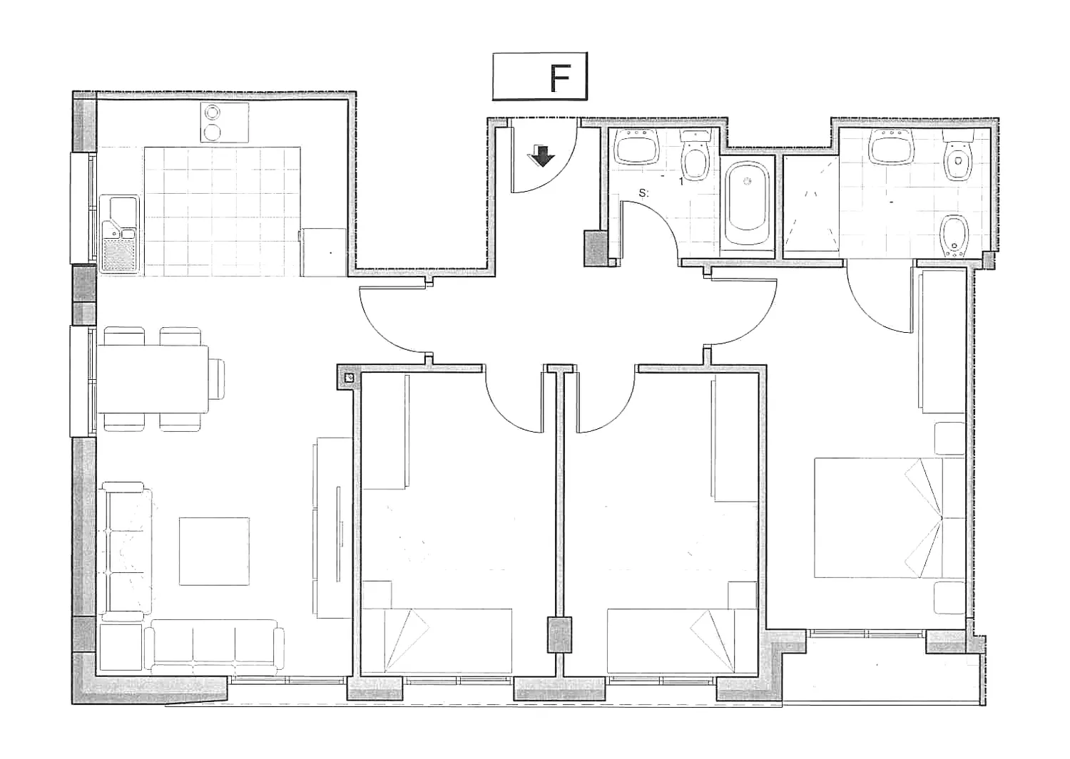 Plano acotado de la vivienda 3º F del Edificio Horizonte
