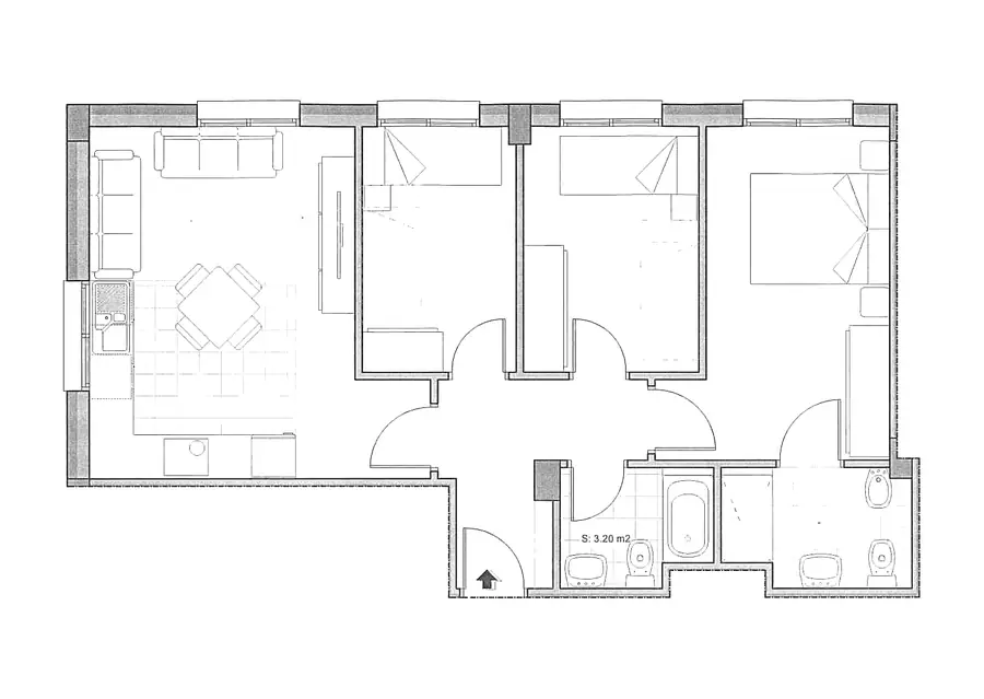 Plano acotado de la vivienda Bajo A del Edificio Horizonte