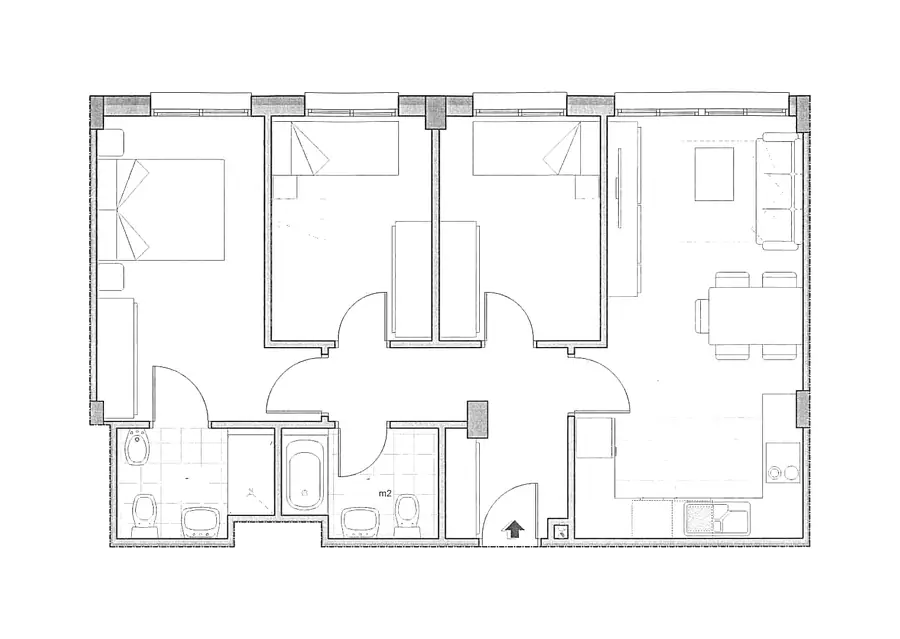Plano acotado de la vivienda Bajo B del Edificio Horizonte