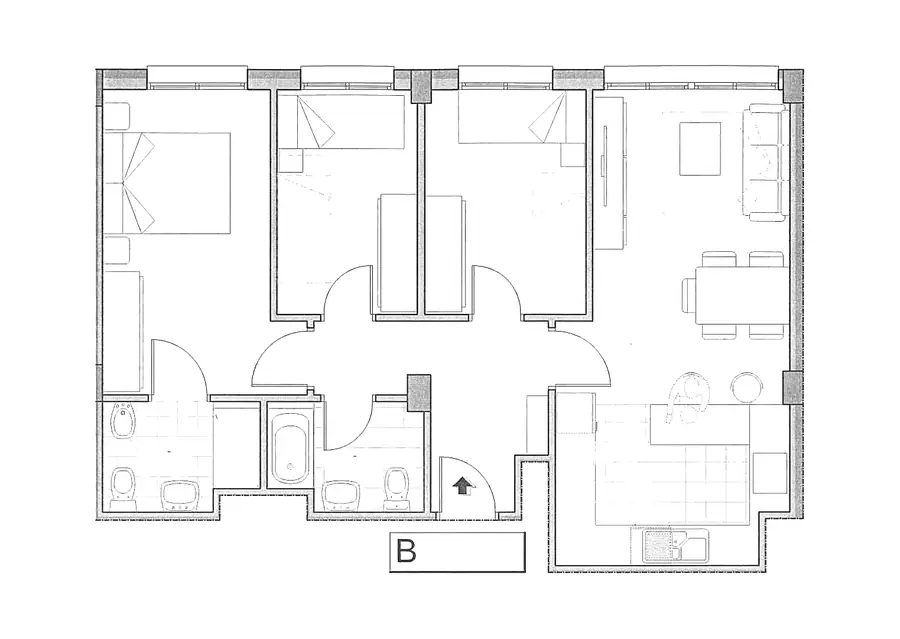 Plano acotado de la vivienda Bajo C del Edificio Horizonte