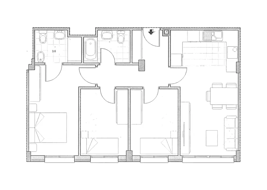 Plano acotado de la vivienda Bajo E del Edificio Horizonte