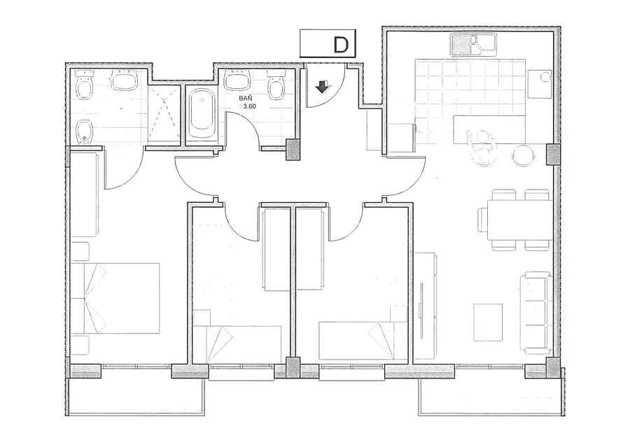 Plano acotado de la vivienda 1º D del Edificio Horizonte