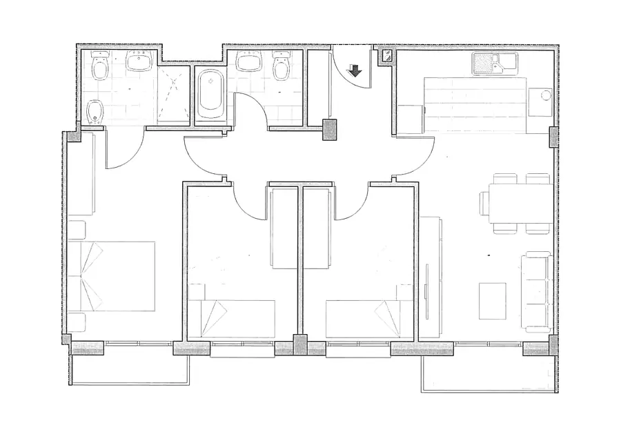 Plano acotado de la vivienda 1º E del Edificio Horizonte