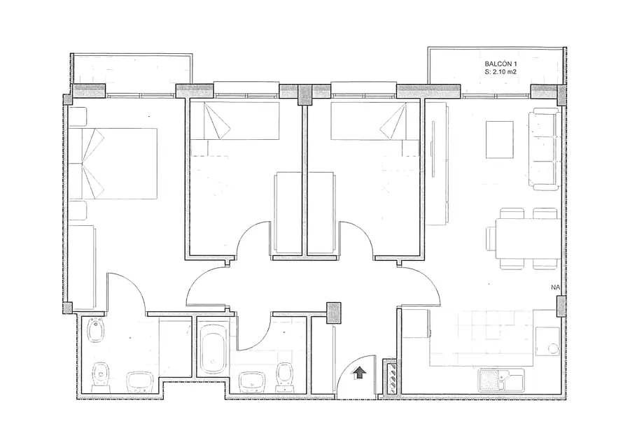 Plano acotado de la vivienda 2º B del Edificio Horizonte