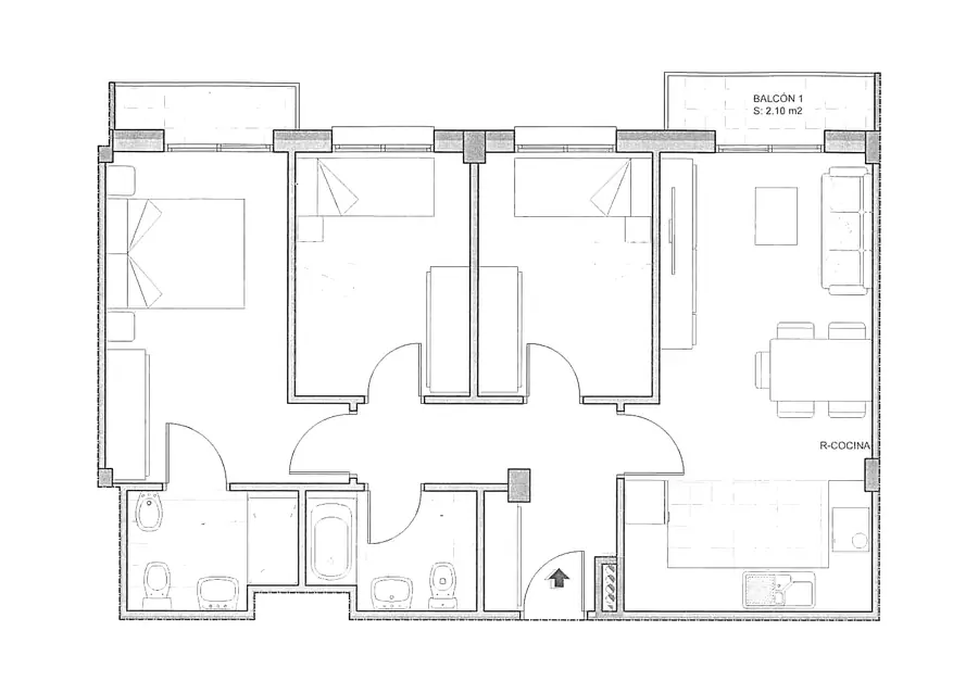 Plano acotado de la vivienda 3º B del Edificio Horizonte
