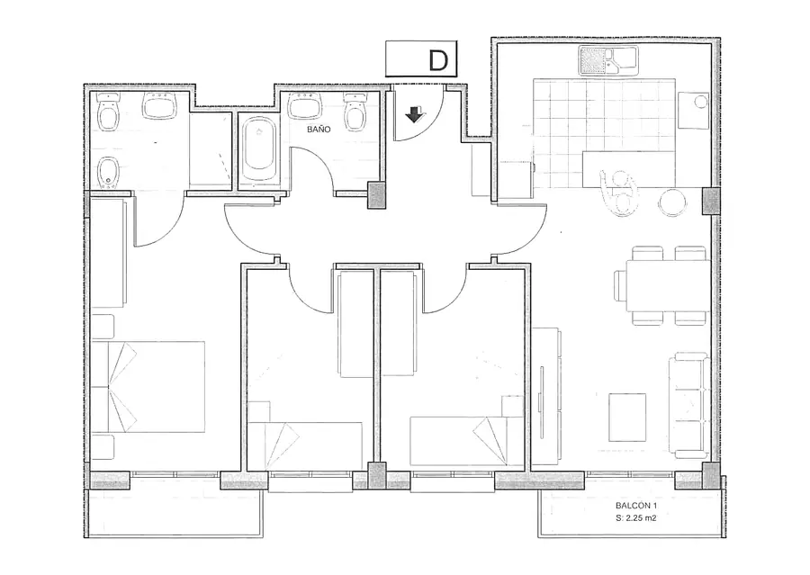 Plano acotado de la vivienda 3º D del Edificio Horizonte
